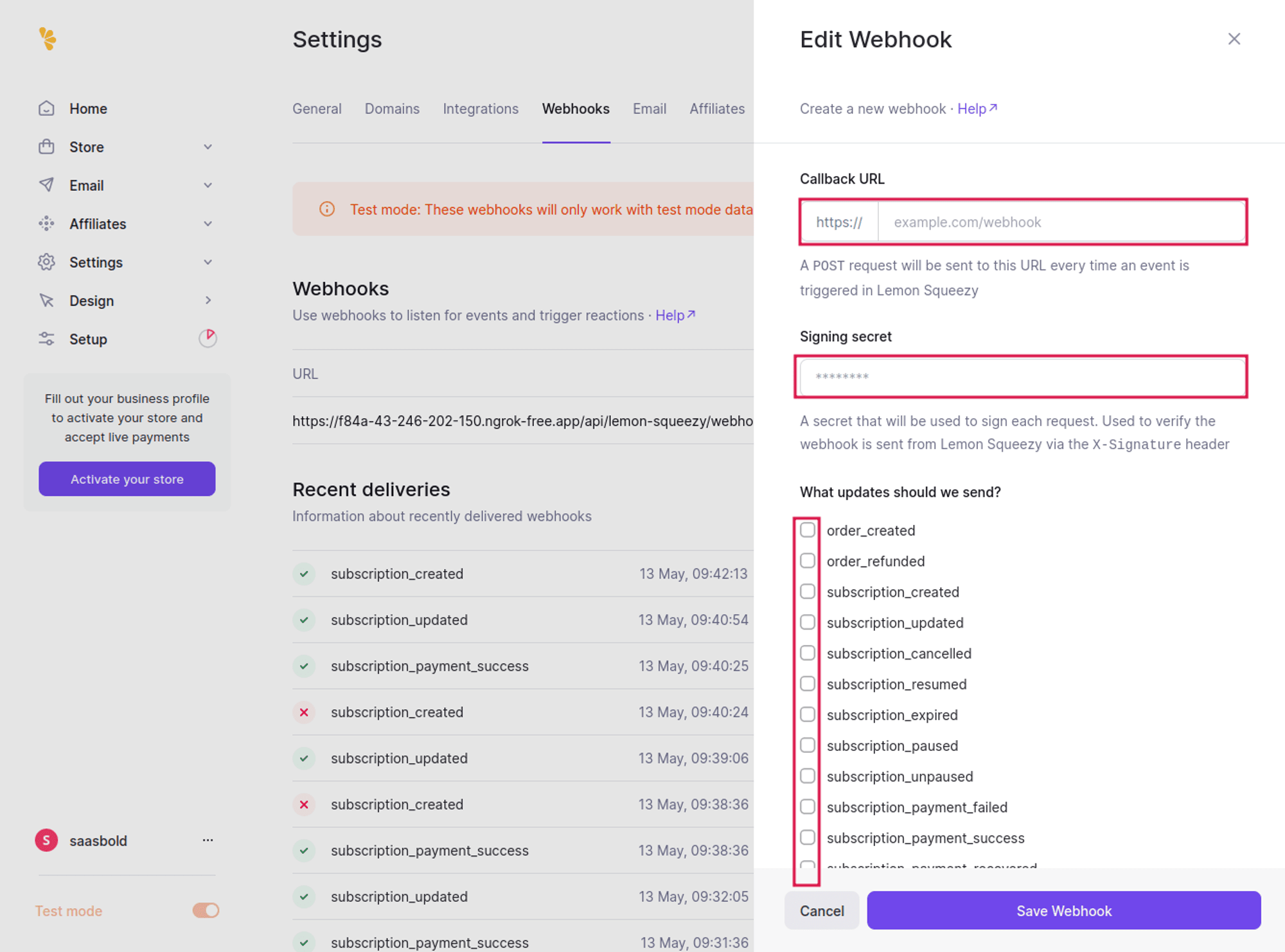 LemonSqueezy - Webhook Integration