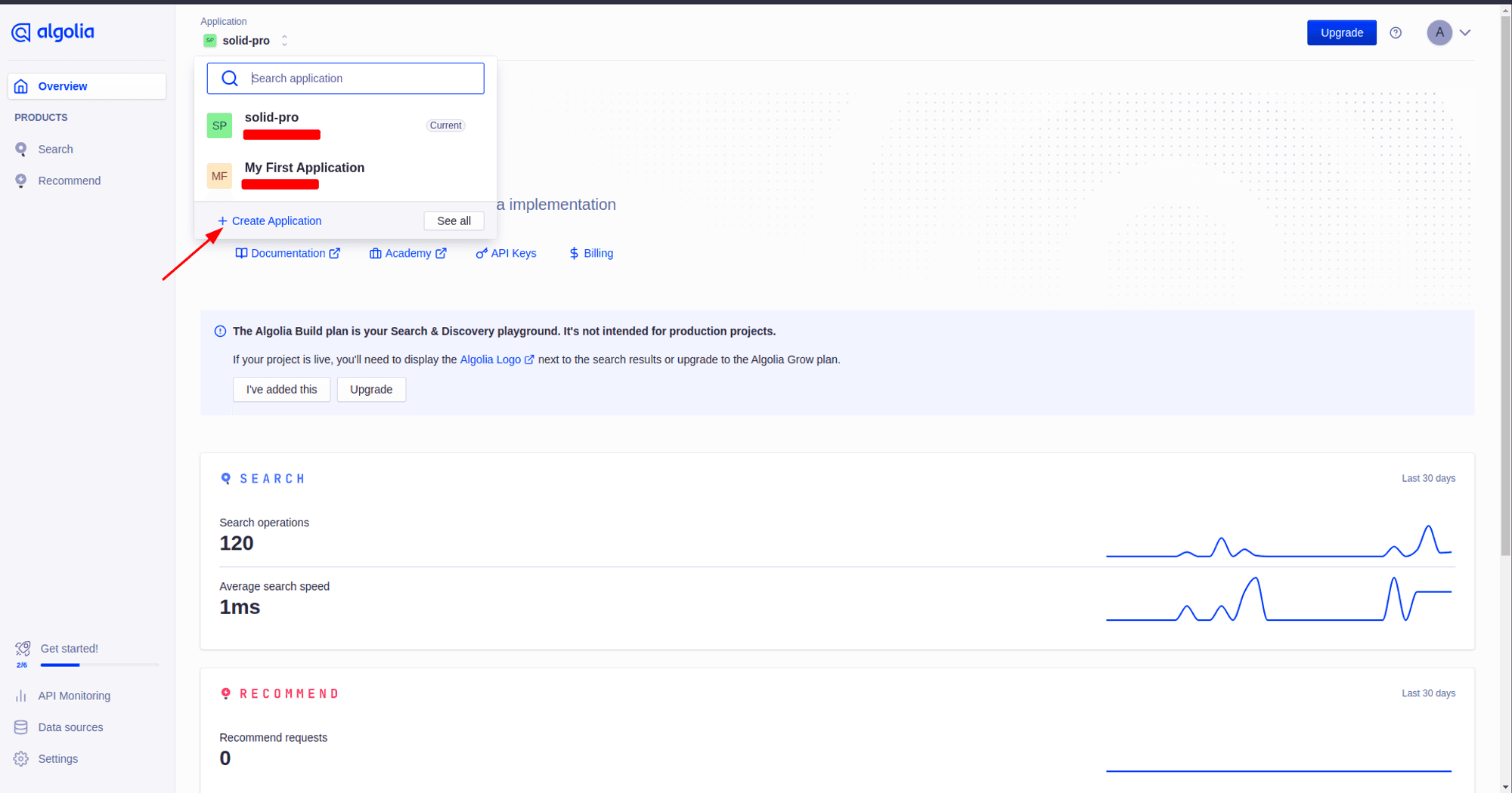 Creating Application from Algolia dashboard page screenshot