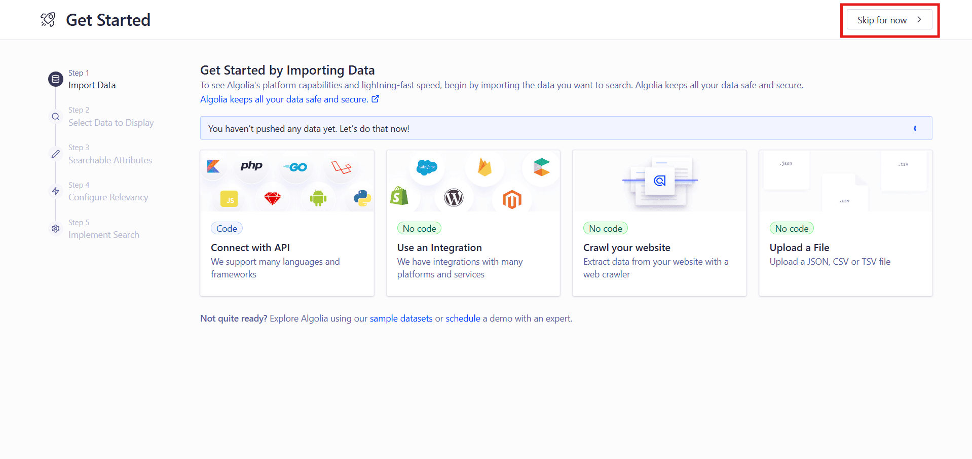 Algolia import-data page screenshot