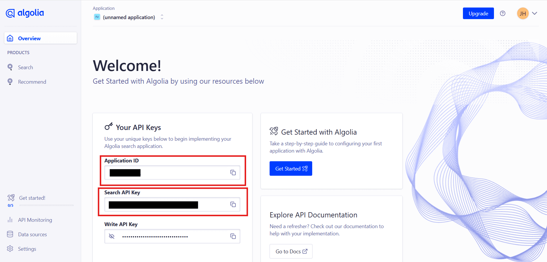 Application page on Algolia screenshot