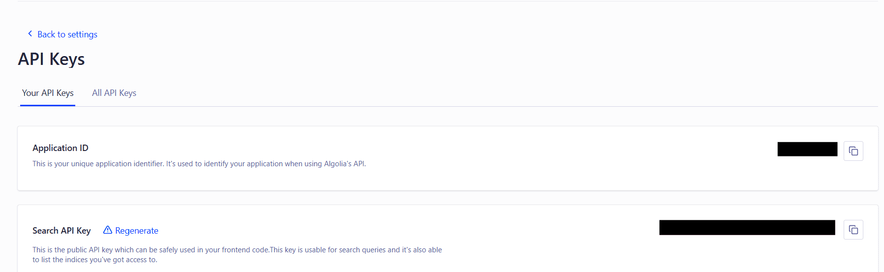 Screenshot of API Keys page; listing Application ID and Search API Key