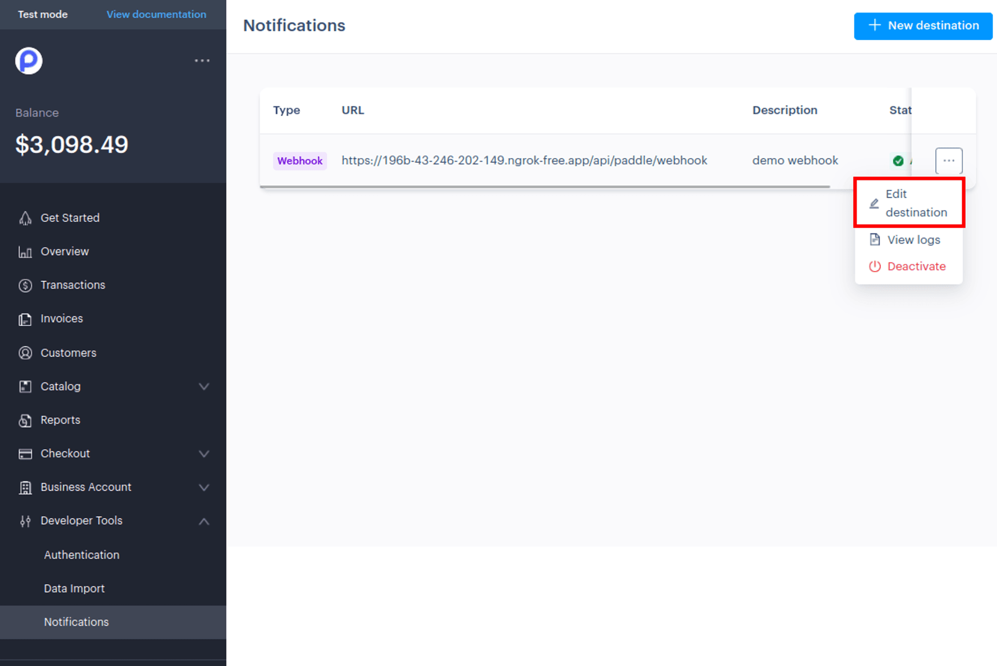 Paddle - webhook destination