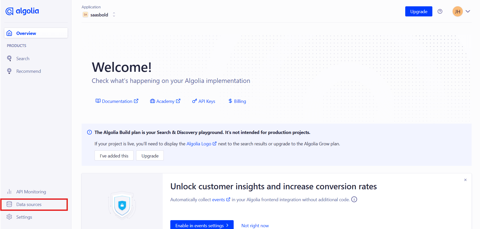 Screenshot of Data Sources link on the Algolia Application's page