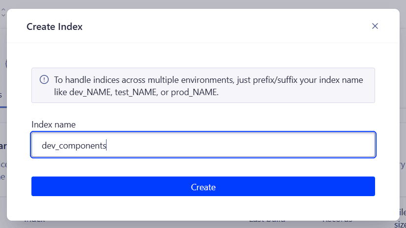 Screenshot of the Create Index modal with an input field for the index name.